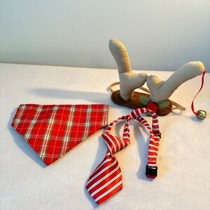 Holiday Pet Dog Red Satin Tie, Tartan Bandana, & Reindeer Antlers